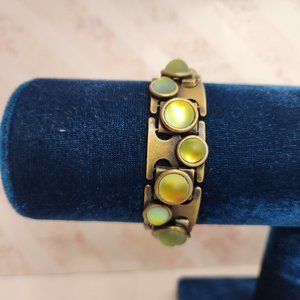 Fashion Bracelet - Green Stones Rhinestones Set in Goldtone Metal 6.75"
